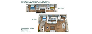A diagram of a 3 bedroom, 4 bathroom apartment layout.