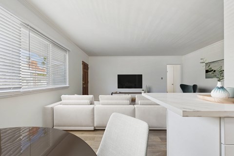 A white living room with a television and a white chair.