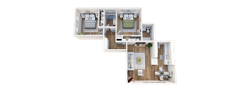 A top-down view of a modern apartment layout with a kitchen, living room, and bedrooms.