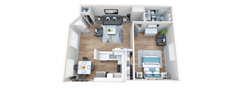 A 3D floor plan of a modern apartment with a living room, kitchen, dining area, and bedrooms.