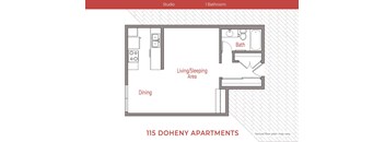 A floor plan of apartment showing a studio layout with a bathroom, living/sleeping area, and dining space.