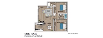 A floor plan of a 2 bedroom, 2 bath house.