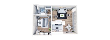 A top-down view of a modern apartment with a kitchen, living room, and bedroom.