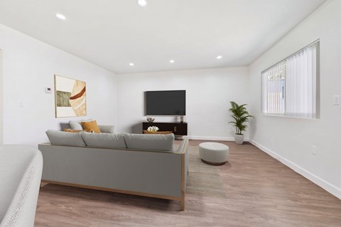 A living room with a grey couch and a television.