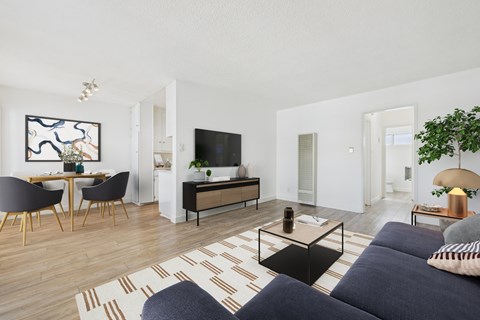 A living room with a black sofa and a wooden floor.