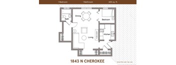 A floor plan of a 600 sq ft home with one bedroom and one bathroom.