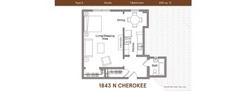 A floor plan of a Type A studio apartment at 1843 N Cherokee.
