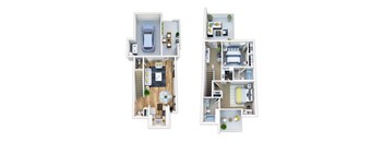 A floor plan of a two-story apartment with a garage on the first floor and a living area on the second floor.