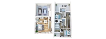 A floor plan of a two-bedroom apartment with a garage for two cars.