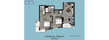 A floor plan of a 2 bedroom, 2 bath apartment.