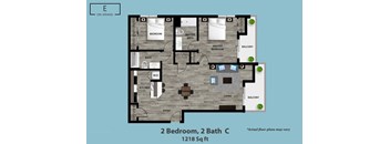 A floor plan of a house with two bedrooms and two bathrooms.
