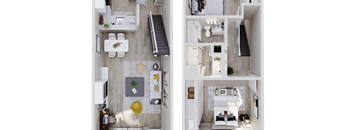 A top down view of a modern apartment with a living room, kitchen, and bedroom.