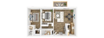 a 3d floor plan of a house with wood floors