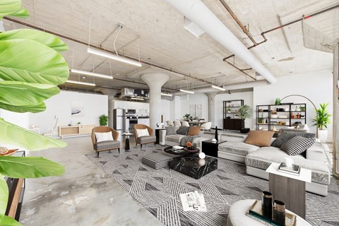 A modern living room with a grey carpet and white furniture.