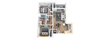 A detailed 3D floor plan of a small apartment layout.