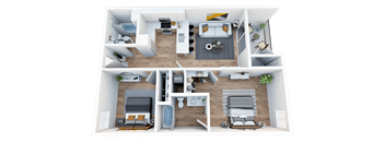 a 3d rendering of the living room and bedroom of a 2100 sq ft apartment