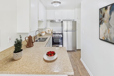 A kitchen with a refrigerator, oven, and sink.