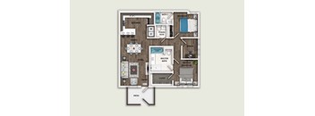 A floor plan of a house with two bedrooms, a living room, a kitchen, a dining room, and a patio.