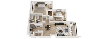 A 3D floor plan of a house with two bedrooms, a living room, a kitchen, and a dining area.