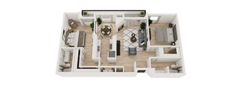 A top-down view of a modern apartment layout with a living room, kitchen, and dining area.