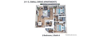 a bedroom floor plan with a bathroom and a living room