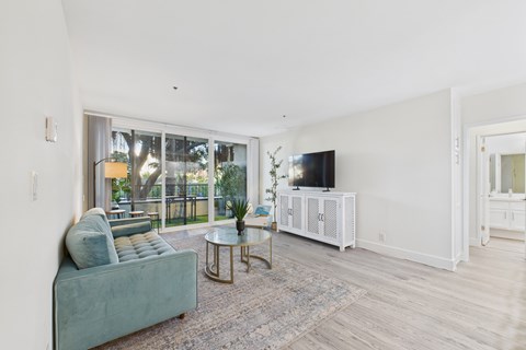 A living room with a green couch and a television.