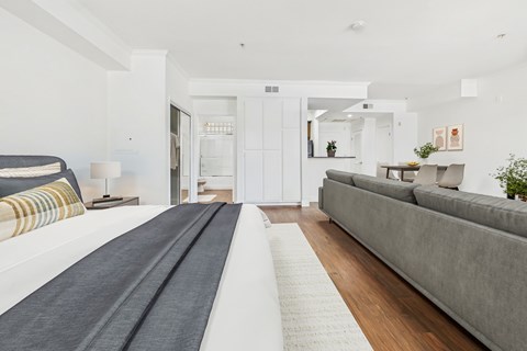 A long, narrow bedroom with a bed on the left and a couch on the right.