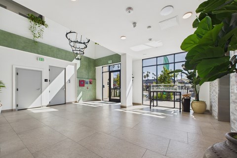 A spacious lobby with a green wall and a basketball hoop.
