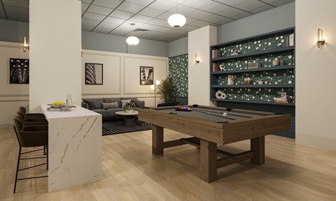 A room with a pool table and a bar area.