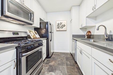 A modern kitchen with a stove top oven and a refrigerator.