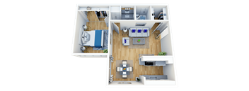 A 3D floor plan of a house showing a living room, kitchen, and bedrooms.