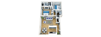 A 3D floor plan of a house with a kitchen, living room, dining area, and bedrooms.