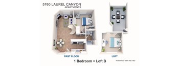 A floor plan of a 1 bedroom apartment with loft.