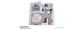 a stylized floor plan with a bedroom and a bathroom
