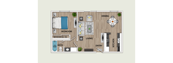 A floor plan of a small apartment with a bedroom, living room, kitchen, and bathroom.