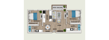 A floor plan of a house with a living room, dining room, kitchen, and two bedrooms.