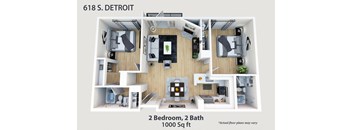 a 3d floor plan of a room with a bathroom and a bedroom