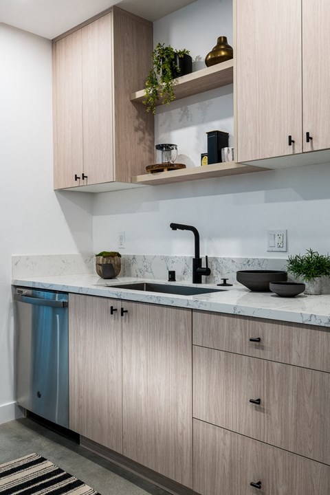 A kitchen with a sink and a dishwasher.