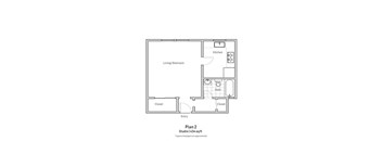 A floor plan of a studio apartment with a living/bedroom area, kitchen, bath, and closets.