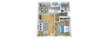 A top-down view of a small apartment with a kitchen, living room, and bedroom.