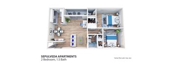 A floor plan of a 2 bedroom, 1.5 bath apartment.