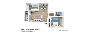 A floor plan of a one bedroom apartment with one bathroom.