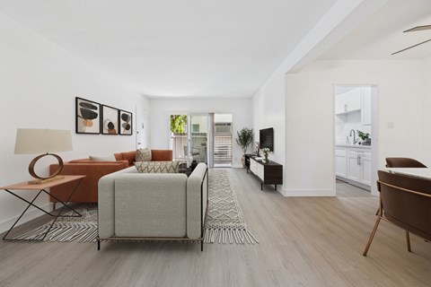 A living room with a grey sofa and a brown armchair.
