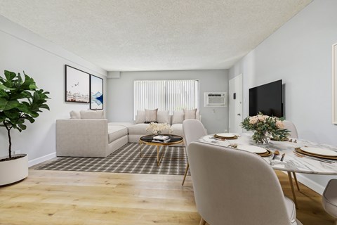 A living room with a couch, chairs, and a dining table set up.