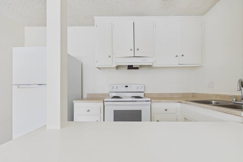 A white kitchen with a fridge, oven, and cabinets.
