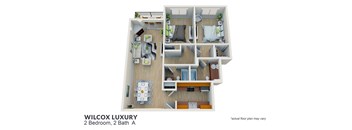 A 3D rendered image of a floor plan for the Wilcox Luxury apartment.