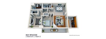 a 3d floor plan of a room with a bathroom and a bedroom