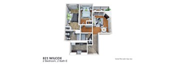 A 2 bedroom, 2 bathroom apartment is shown in this floor plan.