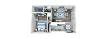 A 3D floor plan of a small apartment with a bedroom, living room, and kitchen.