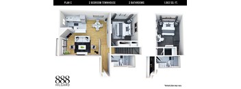 A floor plan for a 2 bedroom townhouse with 2 bathrooms and a total area of 1,063 square feet.